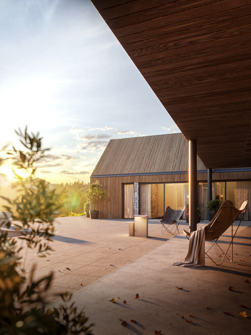 Photorealistic 3D rendering of a modern barn-style home nestled in a natural landscape