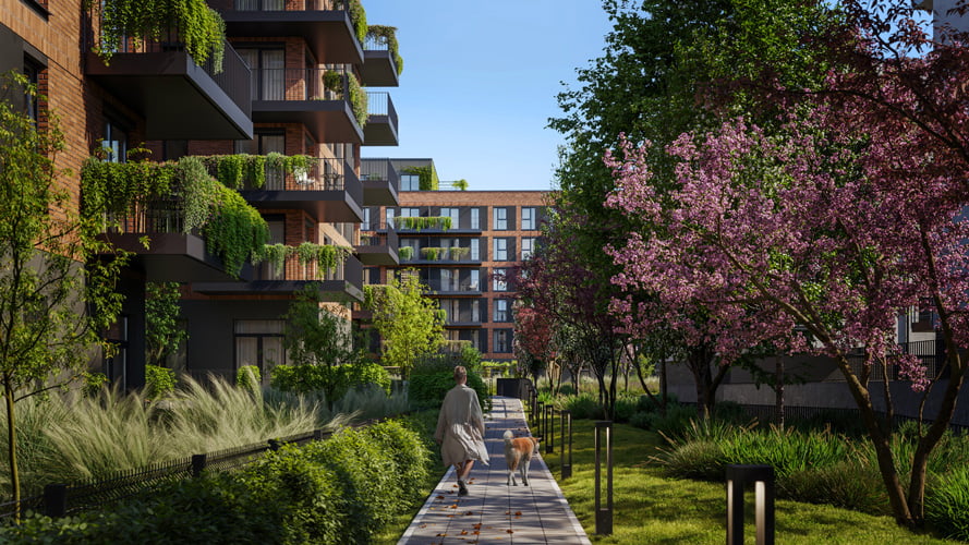 Modern 3D rendering of the Ogrody Geyera residential complex surrounded by nature