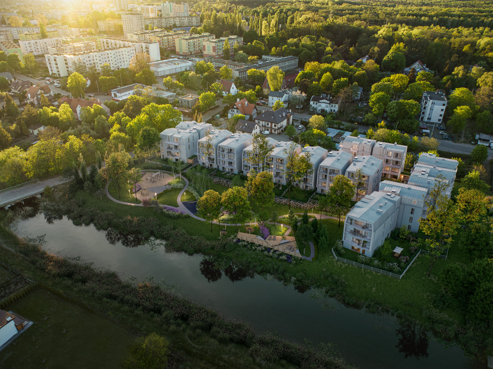 Luxury urban villas 3D render overlooking water in quiet area