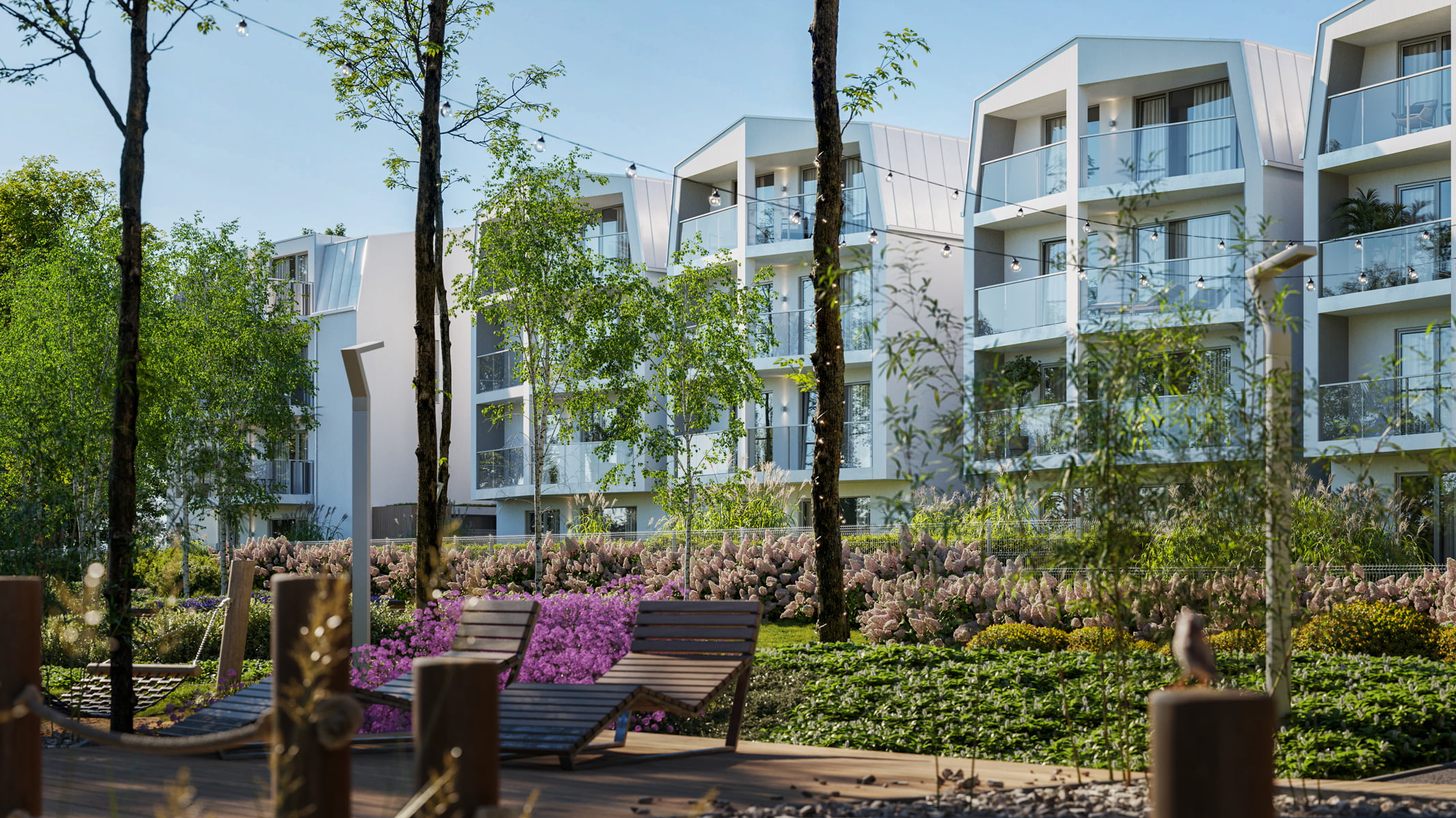 Luxury urban villas 3D render overlooking water in quiet area