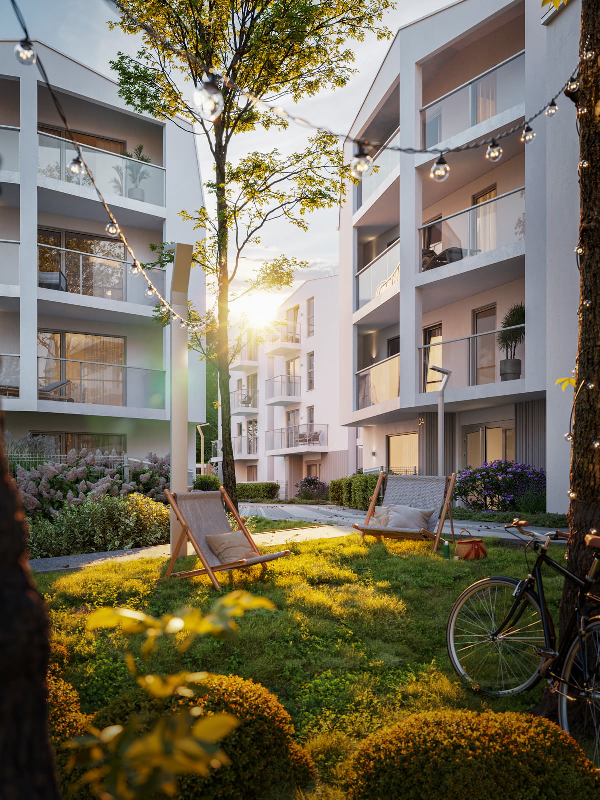 Luxury urban villas 3D render overlooking water in quiet area