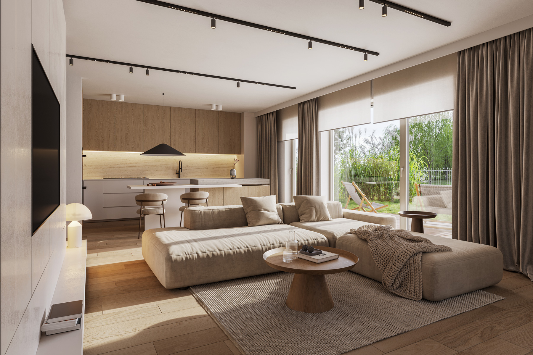 Luxury urban villas 3D render overlooking water in quiet area