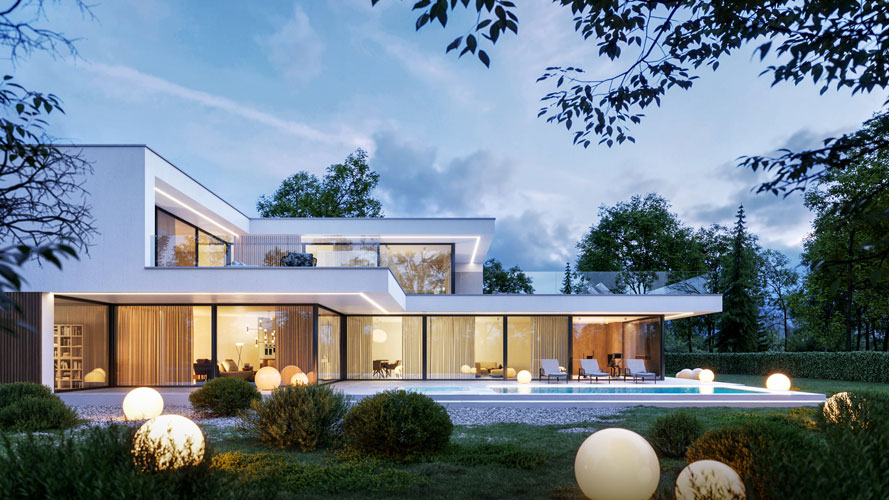 3D visualization of elegant modern home with natural light and open, airy interiors